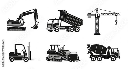 Set of construction vehicles and equipment silhouettes.