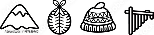 South american mountain and cultural folk icons with snow peak peak bag woven hat and wooden pan flute set.