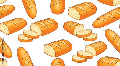Seamless Pattern of Fresh Cartoon Baguettes Whole and Sliced French Bread Illustration