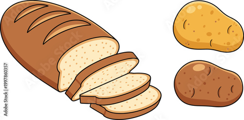 Cartoon Bakery Bread and Vegetables Collection Sliced Loaf and Yellow Brown Potatoes
