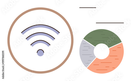 Technology, data visualization, digital communication, analytics, wireless networks, connectivity. Minimal wireless icon in a circle and segmented pie chart. Technology and data visualization concept