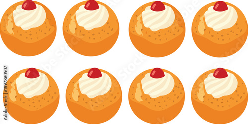 Sweet Cartoon Choux Pastries with White Cream and Cherry Toppings Collection