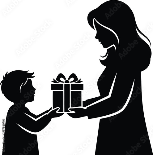 Mother giving gift box to her son silhouette vector showing celebration and kindness.