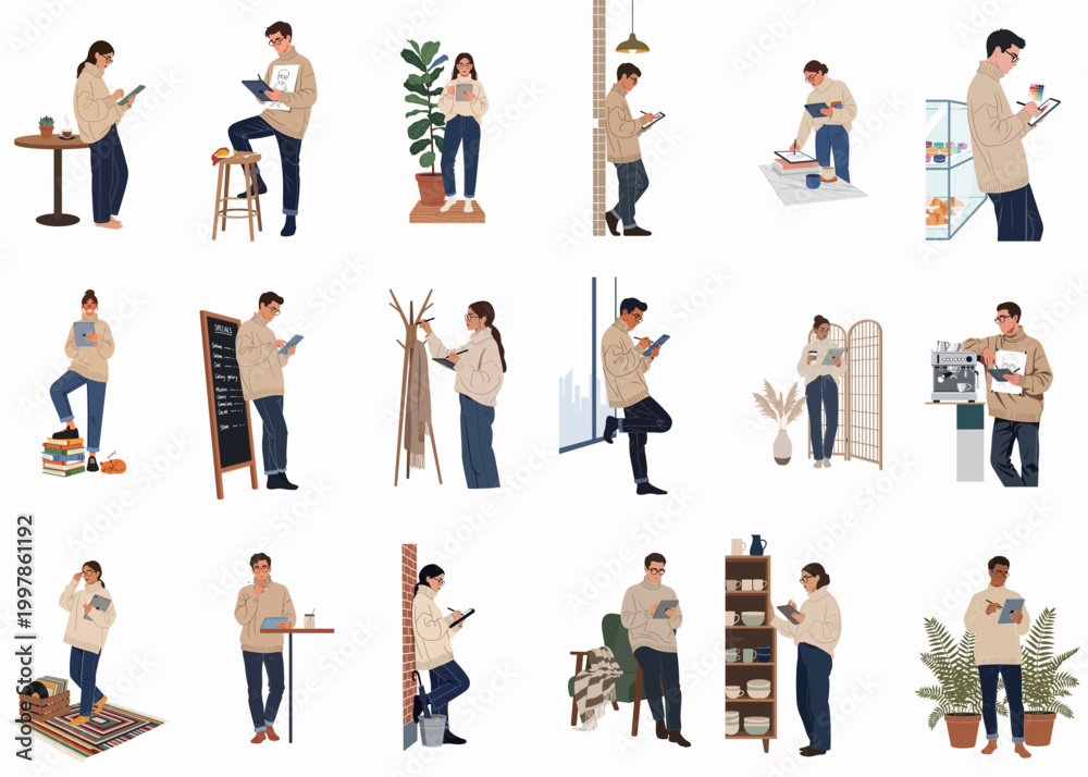 Fototapeta premium Vector illustration set of diverse people using tablets for digital drawing, design, and work in various cozy indoor environments.
