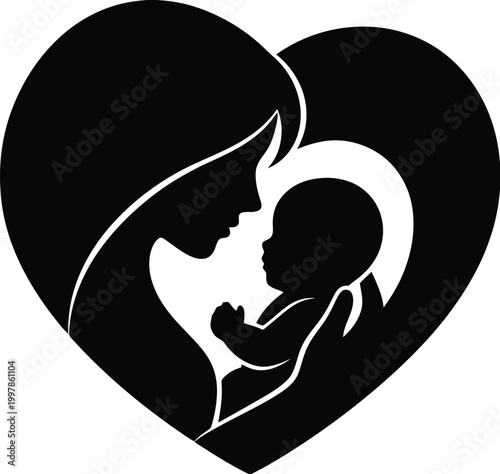 Heart shaped silhouette of mother embracing baby representing deep maternal love and affection.