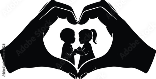 Hands forming a heart shape embracing silhouette of two children holding hands, symbol of protection.