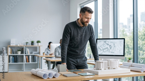 Architect reviewing building plans with scale model