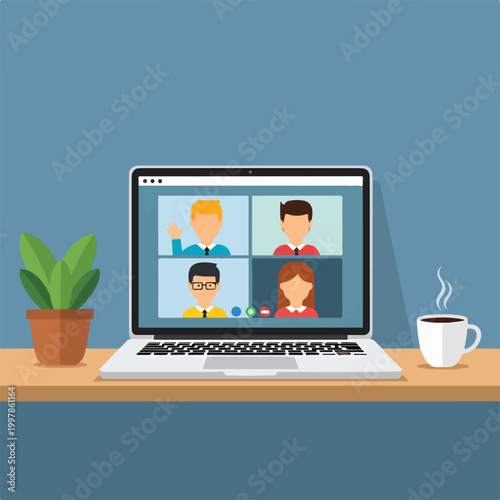 Quadro su tela A laptop on a desk with cartoon people on screen