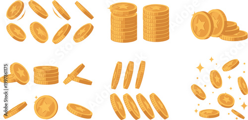 Gold coins collection set with stacks and falling coins, shiny money elements vector illustration for finance and game design