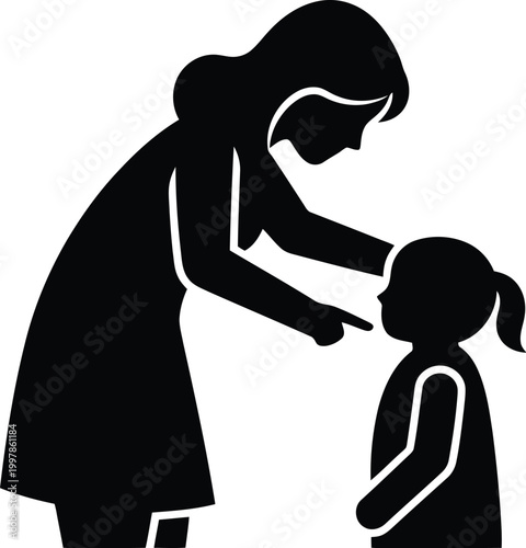 Mother silhouette scolding child with pointing finger showing discipline and parenting education concept.