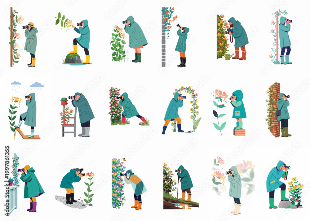 Fototapeta premium Set of diverse people in raincoats and boots photographing blooming flowers and nature during rainy weather, isolated vector illustrations.