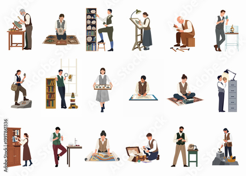 Collection of Vintage Style Illustrations Featuring Naturalists, Paleontologists, and Researchers Engaged in Botanical and Geological Studies