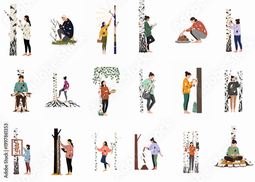 A collection of 18 illustrations depicting women engaging in various creative, scientific, and artisanal activities with white birch trees.