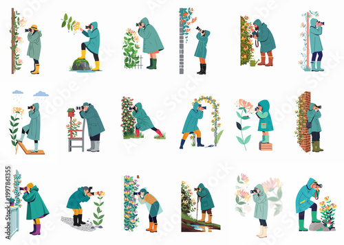 Set of diverse people in raincoats and boots photographing blooming flowers and nature during rainy weather, isolated vector illustrations.