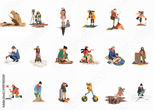 A diverse collection of flat vector illustrations showing researchers, geologists, and explorers engaged in fieldwork, fossil excavation, mapping, and scientific environmental studies.