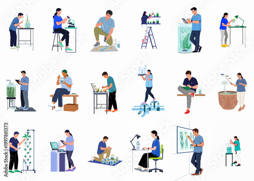 Konstfotografi Set of Flat Vector Illustrations Featuring Botanists and Scientists Researching Plants, Algae, and Microorganisms in Professional Laboratory Environments