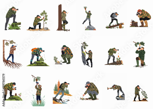 Collection of male nature photographers in camouflage clothing taking pictures of plants and animals in the wild.