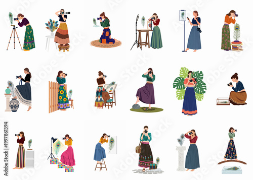 Set of eighteen female photographers in bohemian outfits capturing images of peacock feathers with professional cameras and equipment.