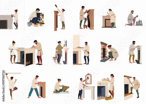 Diverse characters engaged in cleaning, repairing, and restoring various types of fireplaces and mantels in a collection of flat illustrations.