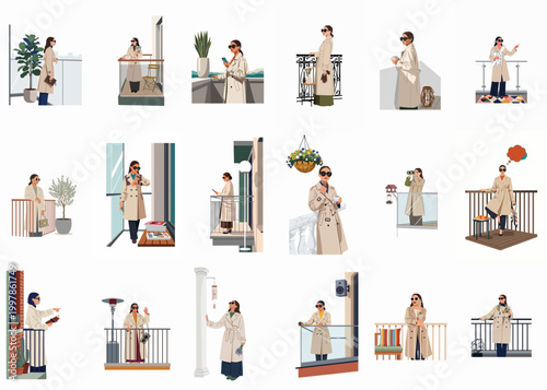 Fényképezés Flat illustration set of a stylish woman in a beige trench coat performing various activities on different urban balconies and terraces