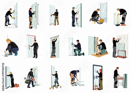 Illustration set of professional glass installers and technicians fitting shower doors, glass partitions, and windows in residential and commercial settings.