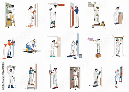 Vector illustrations of construction workers sanding walls, ceilings, and doors using power tools and wearing protective gear.