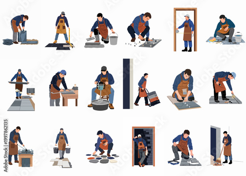 Set of professional tiler characters performing various floor installation tasks, including measuring, cutting, mixing mortar, and laying ceramic and stone tiles.