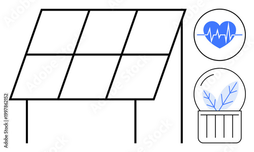 Renewable energy, sustainability, eco-friendly living, clean energy solutions, green technology, environmental concepts. A solar panel with a heartbeat line and eco globe icons. Renewable energy