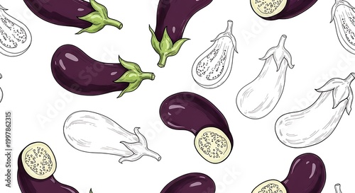 Seamless eggplant pattern with colorful and outlined vegetables on white
