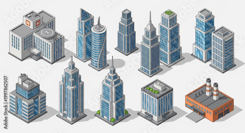 Collection of isometric city buildings and skyscrapers.