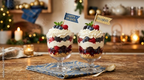 Festive berry trifles with whipped cream and holiday decorations