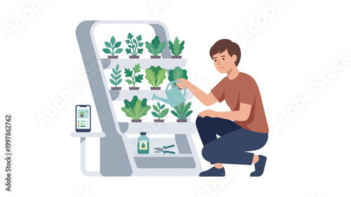 Man watering plants in modern vertical hydroponic garden at home