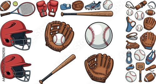 Hand drawn sports equipment collection featuring baseball tennis football gear including helmets gloves bats balls and accessories set
