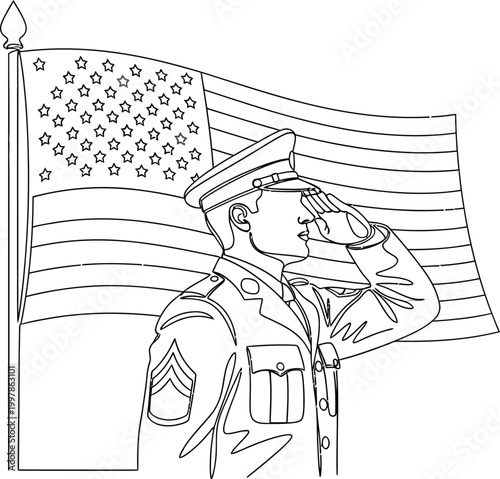 Dedicated military soldier in uniform saluting with respect while standing firmly in front of the large waving american flag during a solemn national memorial day event