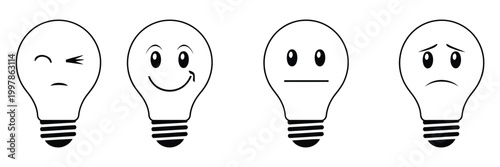 Rating light bulbs, happy and sad light bulb, vector illustration, feedback concept with positive and negative emotion symbols, modern minimal design for evaluation and review systems