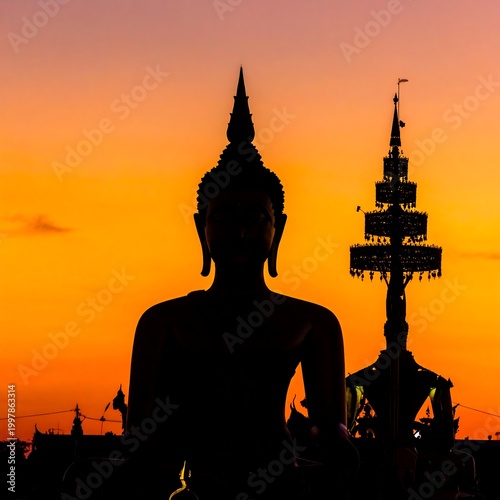 Silhouette of a seated deity with tall spire against a vibrant, fiery orange sunset. Shadows create a serene atmosphere