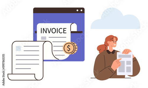 Financial planning, invoicing, business tools, payment systems, bookkeeping, digital economy. A browser window displays an invoice, accompanied by a dollar coin. Financial planning and invoicing