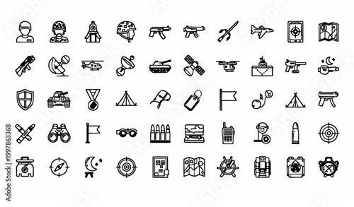 Military outline icon set with editable stroke army war equipment defense and tactical symbols collection