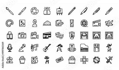 Art and entertainment outline icon set with editable stroke creative media music cinema and performance symbols collection