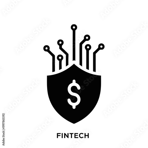 Fintech symbol featuring a protective shield with a dollar sign and integrated circuit patterns represents the secure evolution of digital monetary transactions in the modern global banking industry.