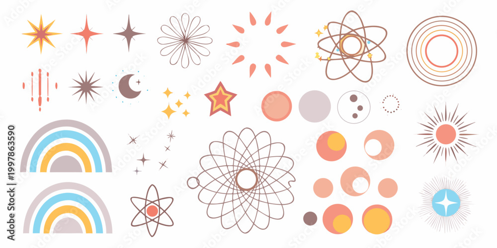 Fototapeta premium Celestial pattern with stars moons and atomic shapes vector illustration