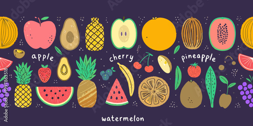Seamless pattern of colorful fruits and tropical plants hand drawn style