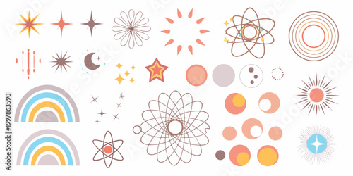 Celestial pattern with stars moons and atomic shapes vector illustration
