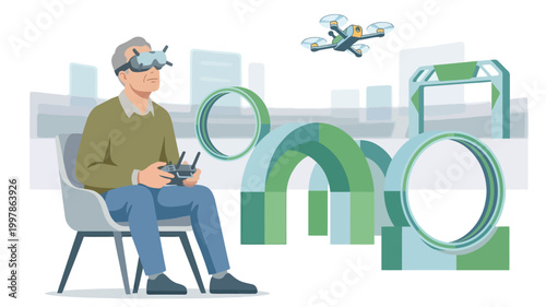 Man with VR headset flying a drone through an obstacle course