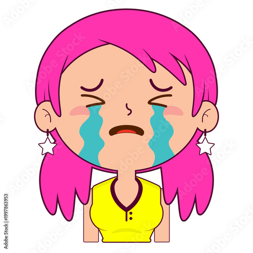 girl pink hair crying face cartoon cute