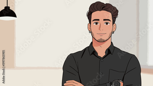 Handsome Young Man in Black Shirt with Arms Crossed