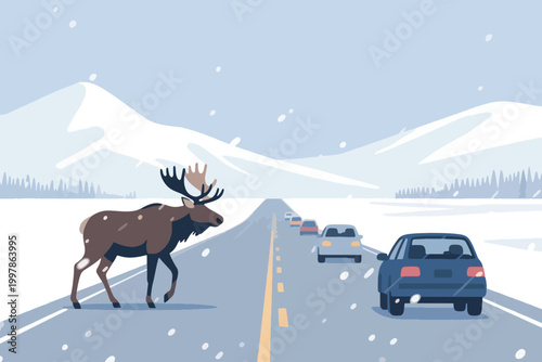 Snowy mountain road with cars driving and large moose crossing, falling snow, trees, and distant peaks.