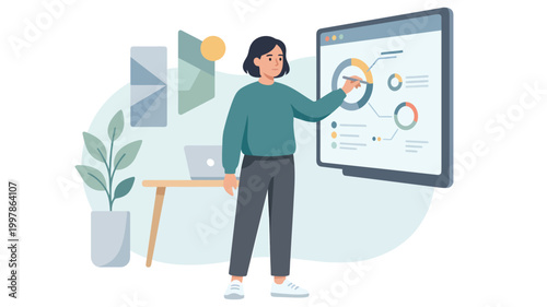Professional woman analyzing data charts on interactive screen in modern office