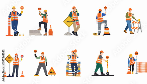 Bild auf Leinwand Collection of road construction workers in safety vests holding stop and slow signs, featuring various poses with traffic cones and roadwork equipment