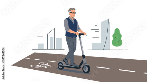 Senior businessman riding electric scooter on city bike lane illustration